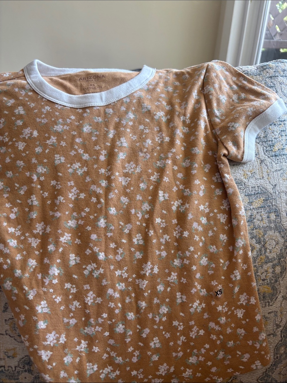 Arizona Jean Company Rust-Orange Floral Ringer Tee with White Trim